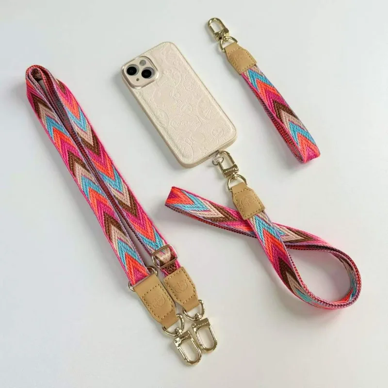 Cordón para teléfono móvil Rainbow Ingenuity, cuerda de mano de cuero con incrustaciones de lona/cuello/cordón cruzado de dopamina