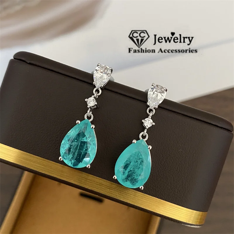 

CC Created Topaz Stud Earrings For Women 925 Silver Needle Dangle Drop Earring Blue Vintage Jewelry Accessories CCE805