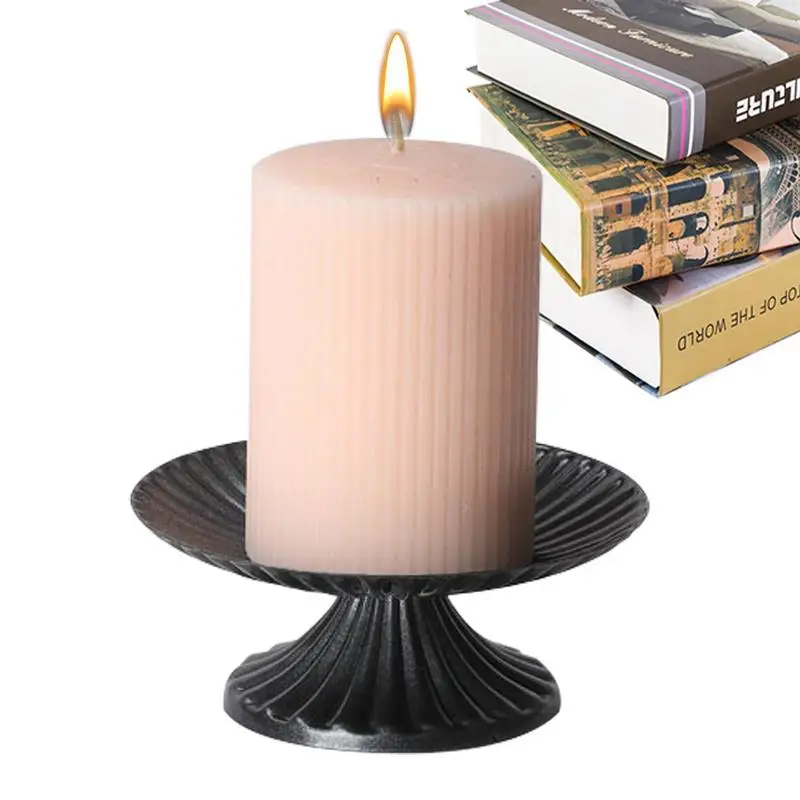 Iron Candlesticks Retro Black Candlestick Holder Round Base Pillar Candle Stand Striped Decorative Table Candle Stand To Hold