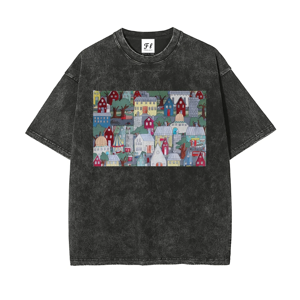 Bohemian Eye - Catching Soft Crew Neck Tee Vintage Washed Cartoon Town Graphic Artistic Casual Essential Standout Daily Wear