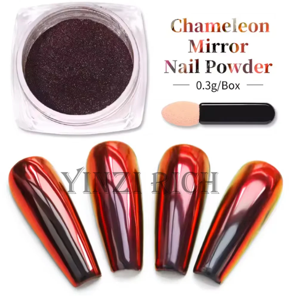 YINZI 레드-블랙 그라디언트 색상 네일 미러 크롬 파우더 글리터 카멜레온 전문 매니큐어 안료 더스트