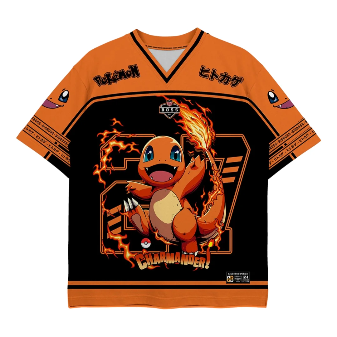 Bandai Charmander America Football Style Pocket Monster Anime Oversized Jersey Adult Kids Athleisure T-Shirt Breathable Soft
