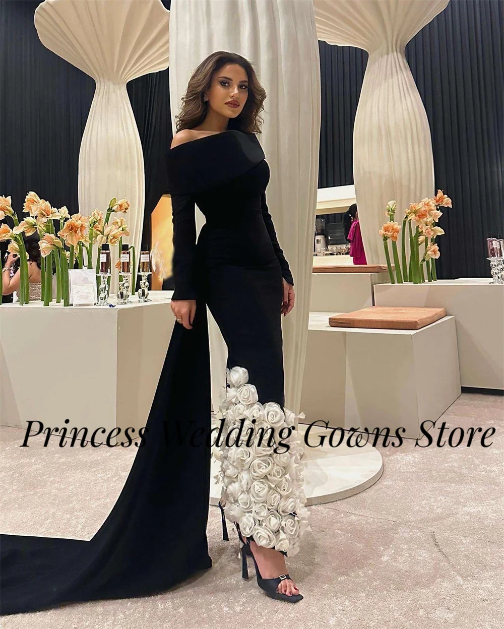 Temperament Prom Gown for Women Boat Neck 3D Appliques Straight Full Sleeves Elegant Evening Party Dresses فساتين مناسبة رسمية