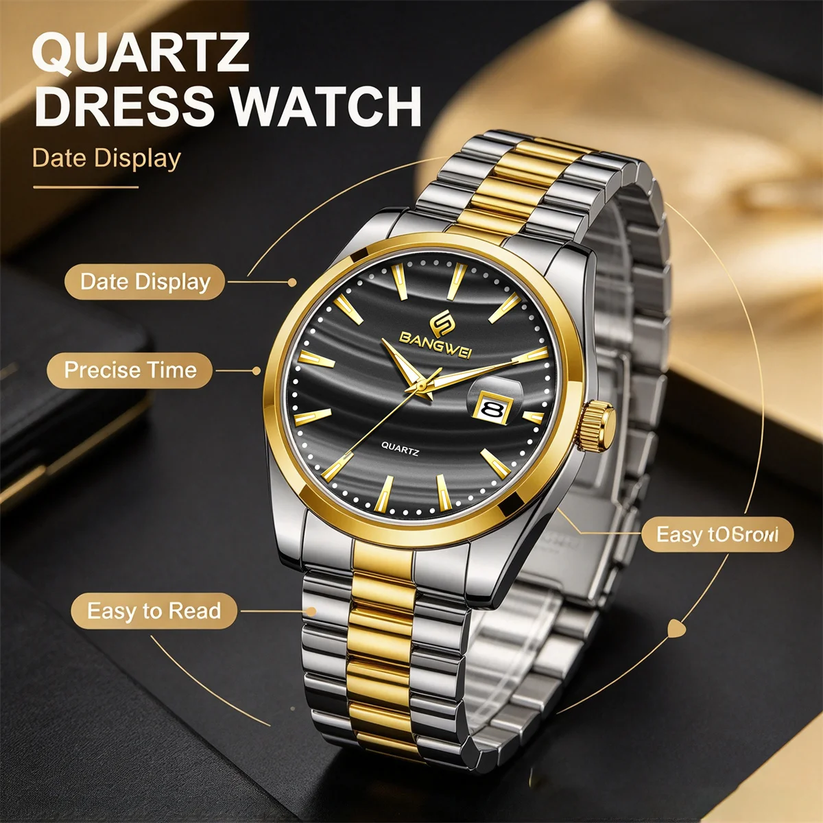 BANGWEI Fashion Men Quartz Watch Luxury Men's Watch Night Light Waterproof Stainless Steel Watch Sport Watch For Men Men's Gift