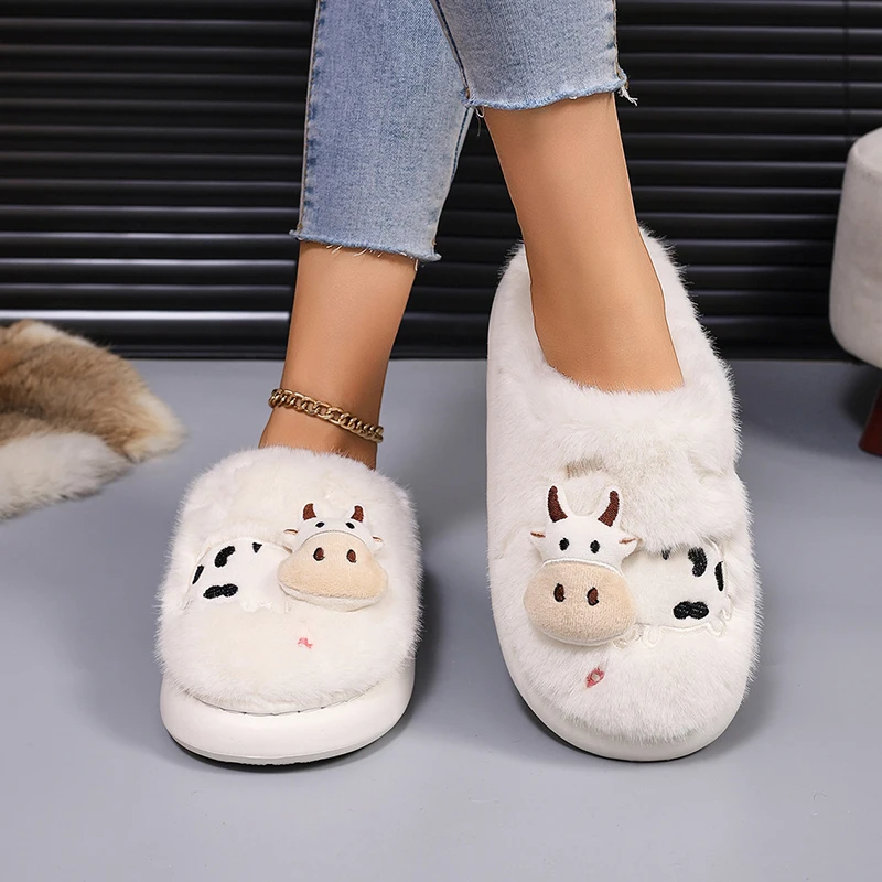 3D-Kuh-Plüsch-Hausschuhe für Damen, warme, flauschige Mules für den Winter, Mädchen-Freizeit-Hausschuhe, flauschige Fell-Slides, Unisex, weiche Plateausohle – Detail 16