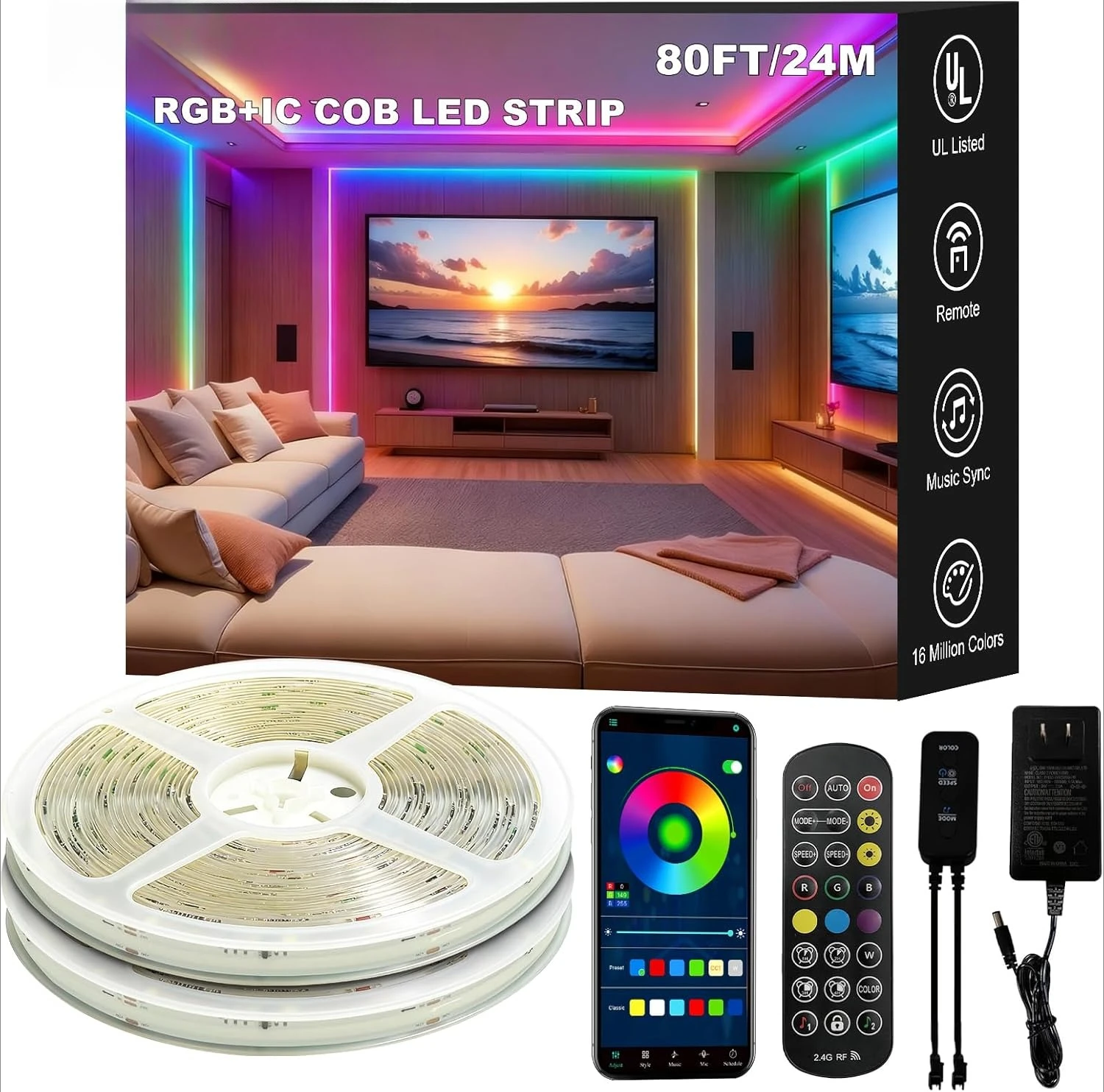 

Светодиодная лента COB RGB+IC 40 футов, яркая цветная светодиодная лента COB с дистанционным управлением по радиочастоте и управлением через приложение, синхронизация с музыкой, изменение цвета