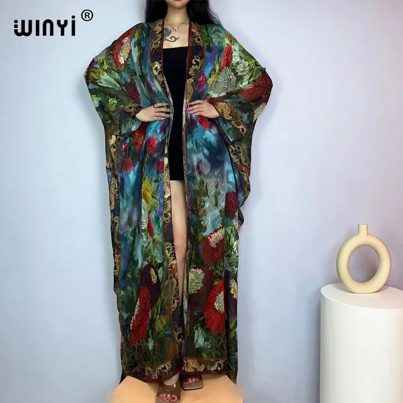 WINYI Kuwait High quality double-sided printing silk dress coat Beach Wear Cover up boho fashion elegant Muslim Fashion Kaftan