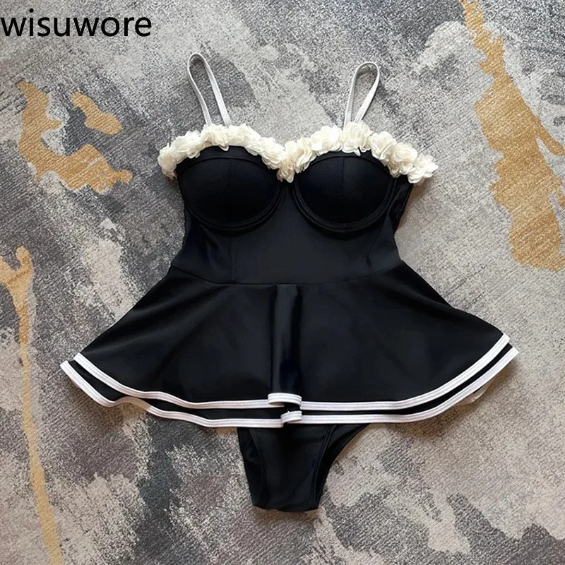 Wisuwore One Piece Swimsuit Women Lace-up Solid Dress Sexy Floral Bathing Suit Holiday Party Beachwear Swimsuit Ladies 2023