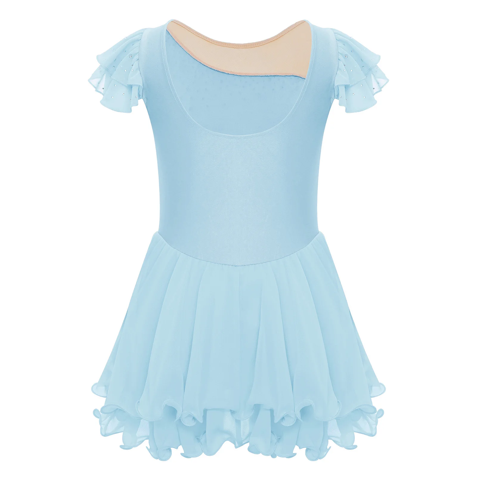 Robe de Ballet pour enfants filles, strass brillants, manches à volants, maille transparente, Patchwork, ourlet de laitue, robe Tutu, concours de danse de ballerine