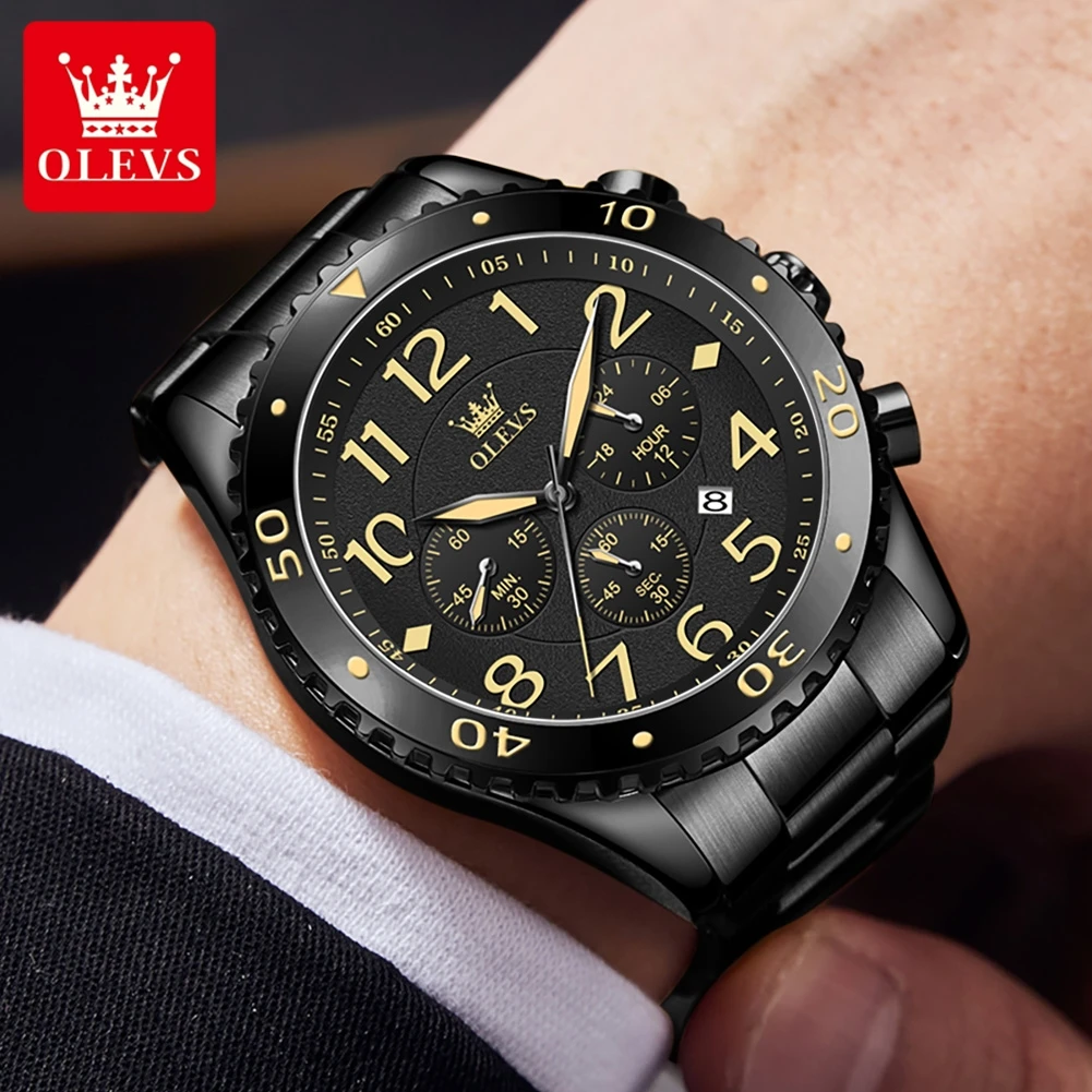 OLEVS 48mm Big Dial Quartz Watch for Men Stainless Steel Luminous Digit Hands Waterproof Chronograph Sports Wristwatches Men New