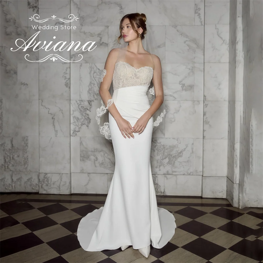 فستان زفاف Aviana مخصص حورية البحر على شكل قلب بدون حمالات سويب تراين دانتيل قابل للانفصال بدون أكمام ترتر طول الأرض بسيط