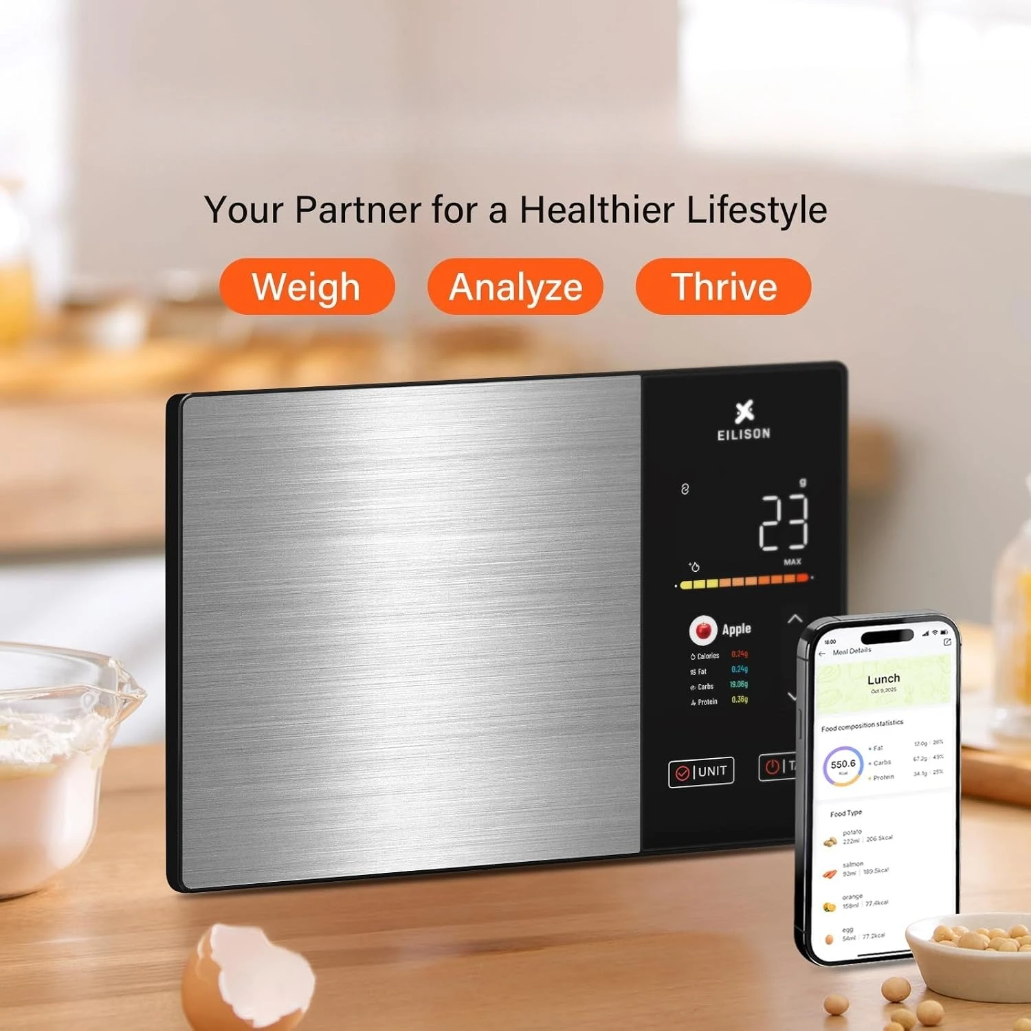Kitchen Scale Stainless Steel 5000g with TFT Color Display Bluetooth App 999+ Foods 24 Nutrients Analyzer Black