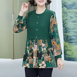 Female Clothing Vintage Printed Shirt Spring Autumn Long Sleeve Casual Patchwork Commute Stylish Round Neck Button Loose Blouse