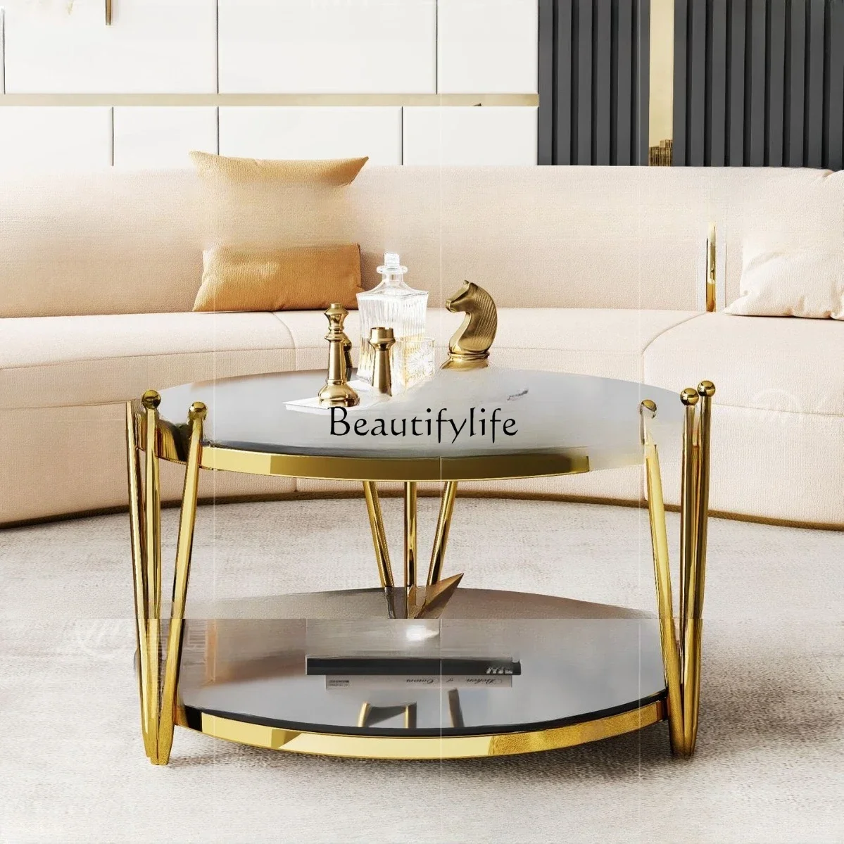 

yj21 yj31 Italian Style Light Luxury Tempered Glass Coffee Table Home Gold Stainless Steel Round Corner Table