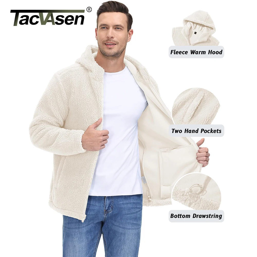 TACVASEN Men's Hooded Sherpa Jacket Winter Heavy Warm Soft Fleece Zip Up Windproof Casual Sweatshirt Working Outdoors Outerwear