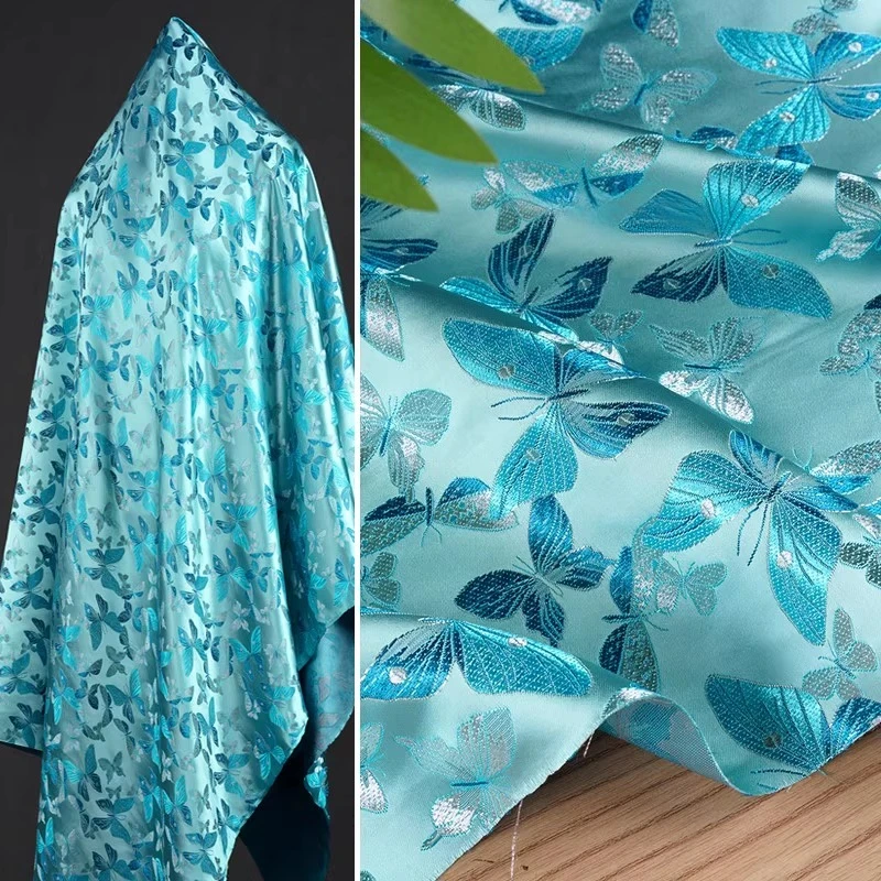 Lake blue butterflies dancing weaving satin jacquard soft fabric sewing cheongsam dress coat glossy fabric