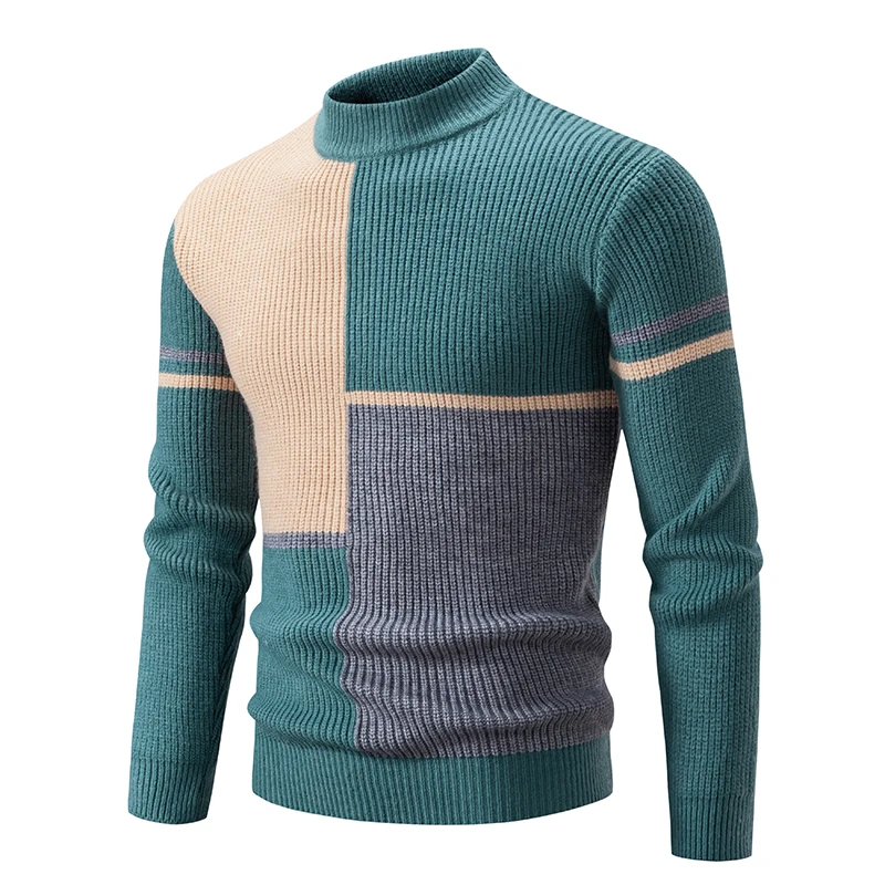 New Autumn and Winter Men\'s Fashion Color Matching Sheep Wool Sweater Comfortable High-neck Long-sleeved Pullover