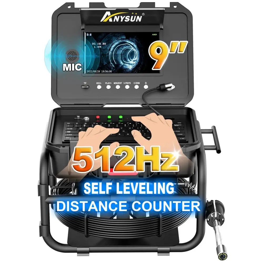 512Hz Sonde Transmitter Sewer Camera Self-Leveling Distance Counter 100Ft Inspection DVR IPS Screen 16GB TF Card Video Audio