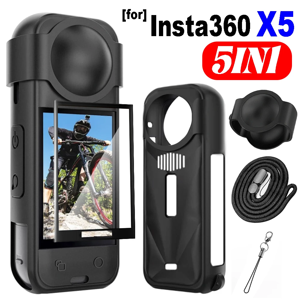 

Для Insta360 X5: силиконовый чехол 5-в-1, защитный чехол для объектива, ремешок-брелок, крышка для объектива, HD-пленка от царапин, мягкая пленка для Insta360 X5