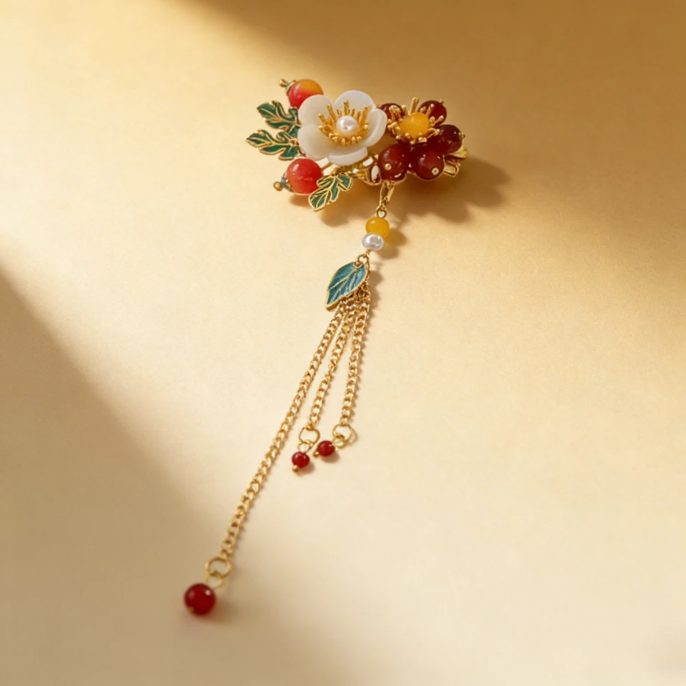 

Pearl Double Flower Hair Clip Chinese Hanfu Pearl Duckbill Side Clip for Women Elegant Cheongsam Hair Accessories with Tassel