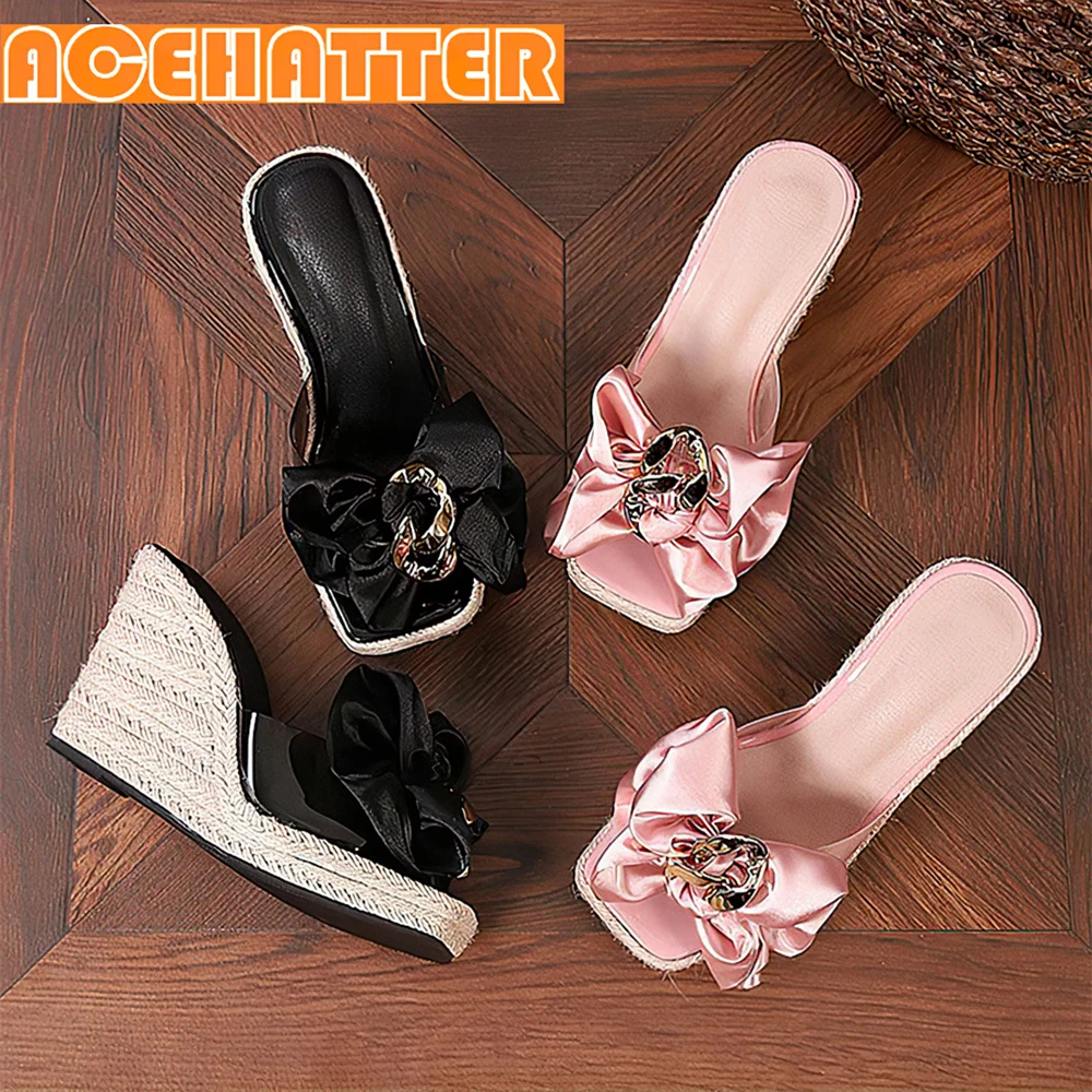 10cm Platform Wedge Slippers Women Shoes Flowers Peep Toe Sandals Girls Flip Flop Slides Femme Espadrilles Big Size 43 44 45 46