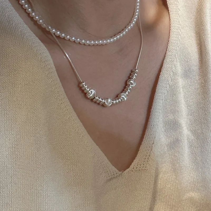 F.I.N.S S925 Sterling Silver Bead Necklace for Women Girl Geometry Lucky Adjustable Chain Choker Jewelry Long Sweater Chain view 2