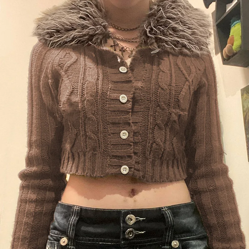 

Autumn Winter American Vintage Detachable Fuxr Fur Collar Top Y2k American Knitted Buttons Sweatters Harajuku Punk Women Jumpers