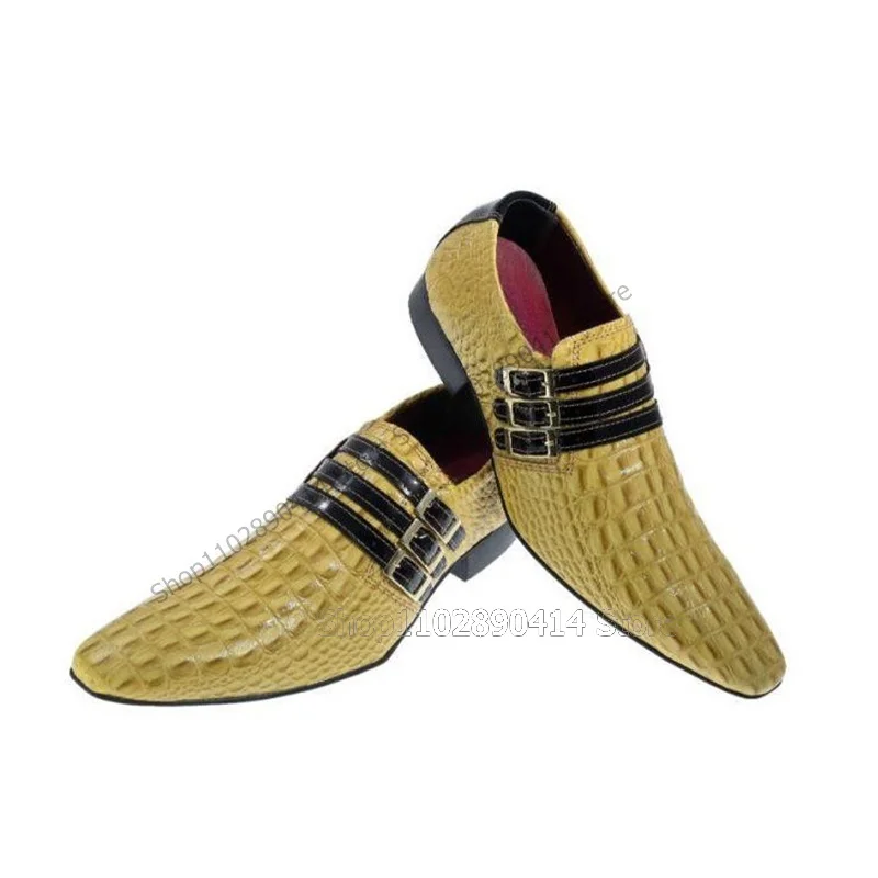 Sapato masculino de fivela amarelo estampado jacaré quadrado, deslizamento sobre sapatos masculinos, sapatos artesanais de luxo, vestido de festa, moda festa