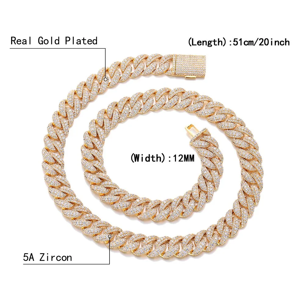 12mm Hip Hop Jewelry Diamond CZ Necklace Cuban Link Chain for Men Boy Friends Women DJ Rapper Link Gift 18K Gold Plated