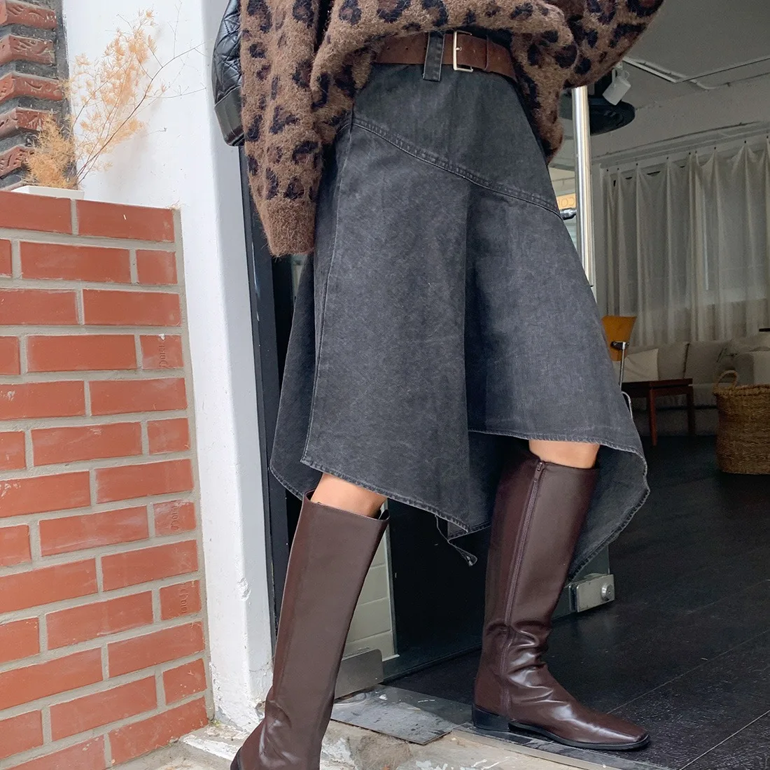 

Шикарная юбка-миди трапециевидной формы для женщин, асимметричная юбка в стиле ретро с высокой талией, пригородная джинсовая юбка с подолом-зонтиком