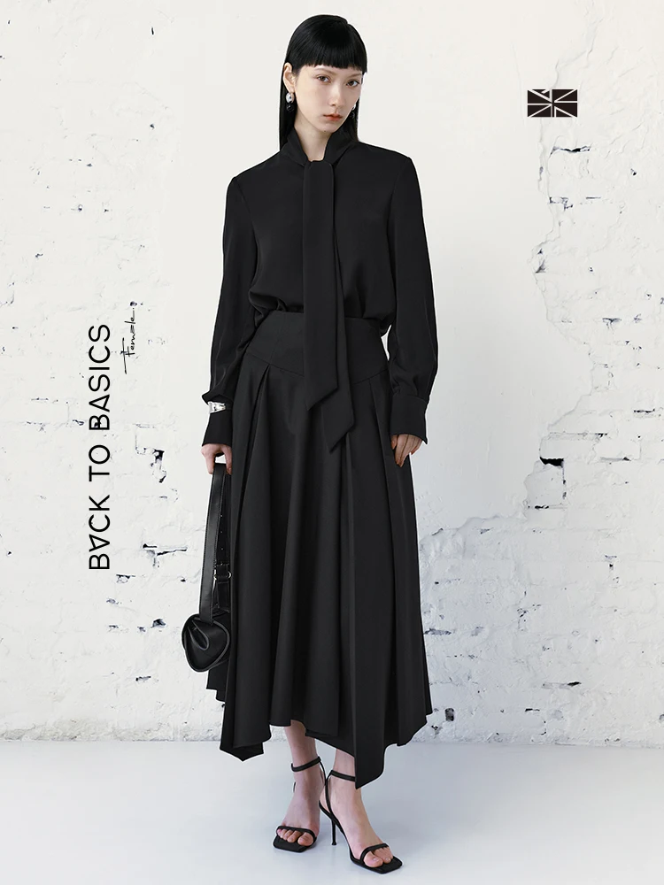 

Оригинальный дизайн, женская рубашка с длинным рукавом, однотонная, с драпировкой спереди, воротником-стойкой и пуговицами, из полиэфирного волокна, для повседневной офисной носки