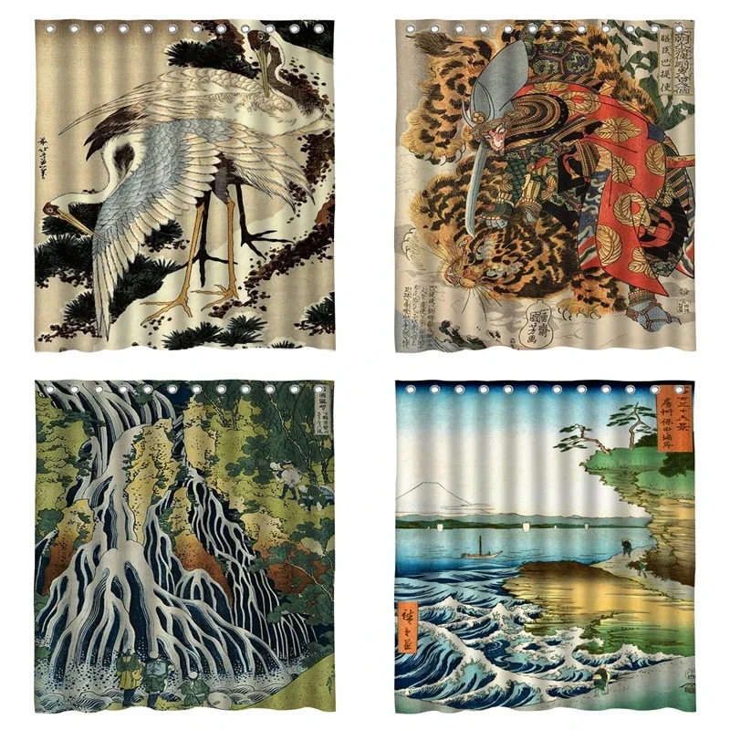 The Falling Mist Waterfall Thirty-six Views Of Fuji Ukiyo-e Retro Style Two Cranes Pine Shower Curtain By Ho Me Lili