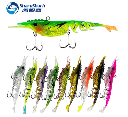 Shrimp Lure Soft Plastic Vibe Fishing Lure Freshwater Saltwater Casting Multi section Prawn shimma Shrimp Bait With Treble Hook