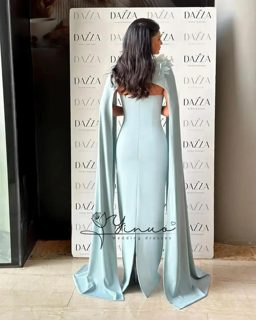 customized Dresses Cape Floor Length Strapless Blue Prom Dresses Shawl Saudi Arabia Party Dresses vestidos de fiesta 2025