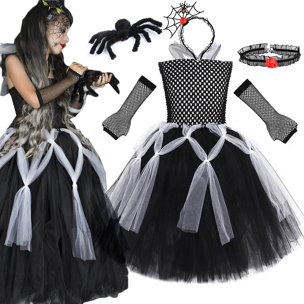 

Halloween Spider Witch Costume Dress For Girl 2023 New Design Tutu Dress Gothic Fancy Carnival Party Scary Cosplay Costume Kids