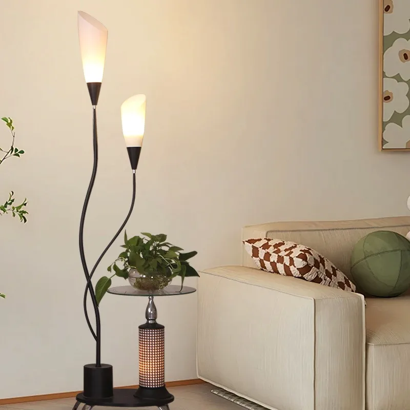 Multi-functional Floor Lamp with Storage Shelf 2-Light LED Floor Lamp with Side Table Modern Corner Lamp for Home Decor Socket