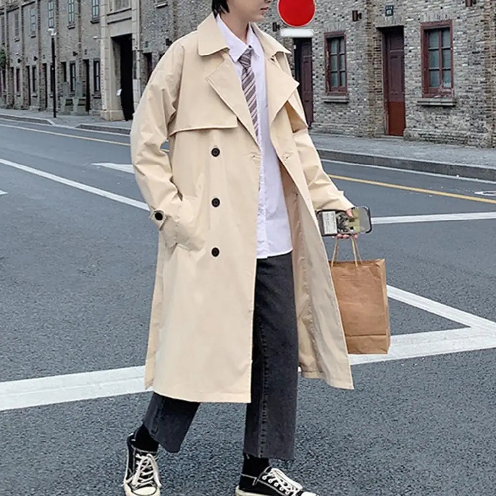 

Cool Turn-down Collar Men Winter Coat Loose Spring Trench Coat Outwear Mid Length Men Trench Coat for Dating