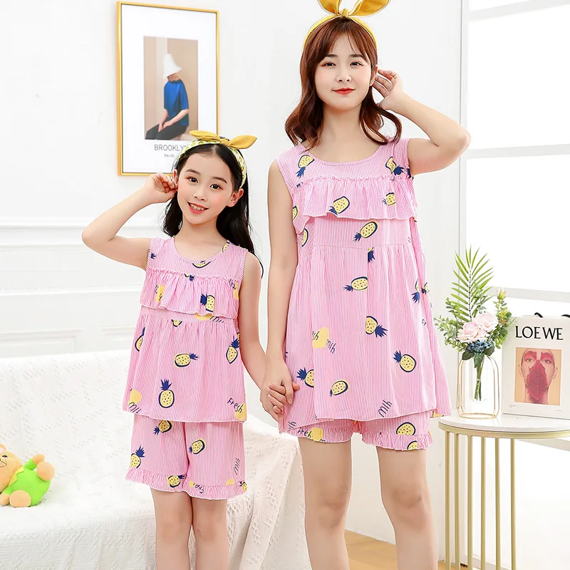 【LF】Parent-child Sleeveless Lace Loungewear Set 100-180cm Women Girls Tank Tops + Shorts Pajamas Set for Spring Summer