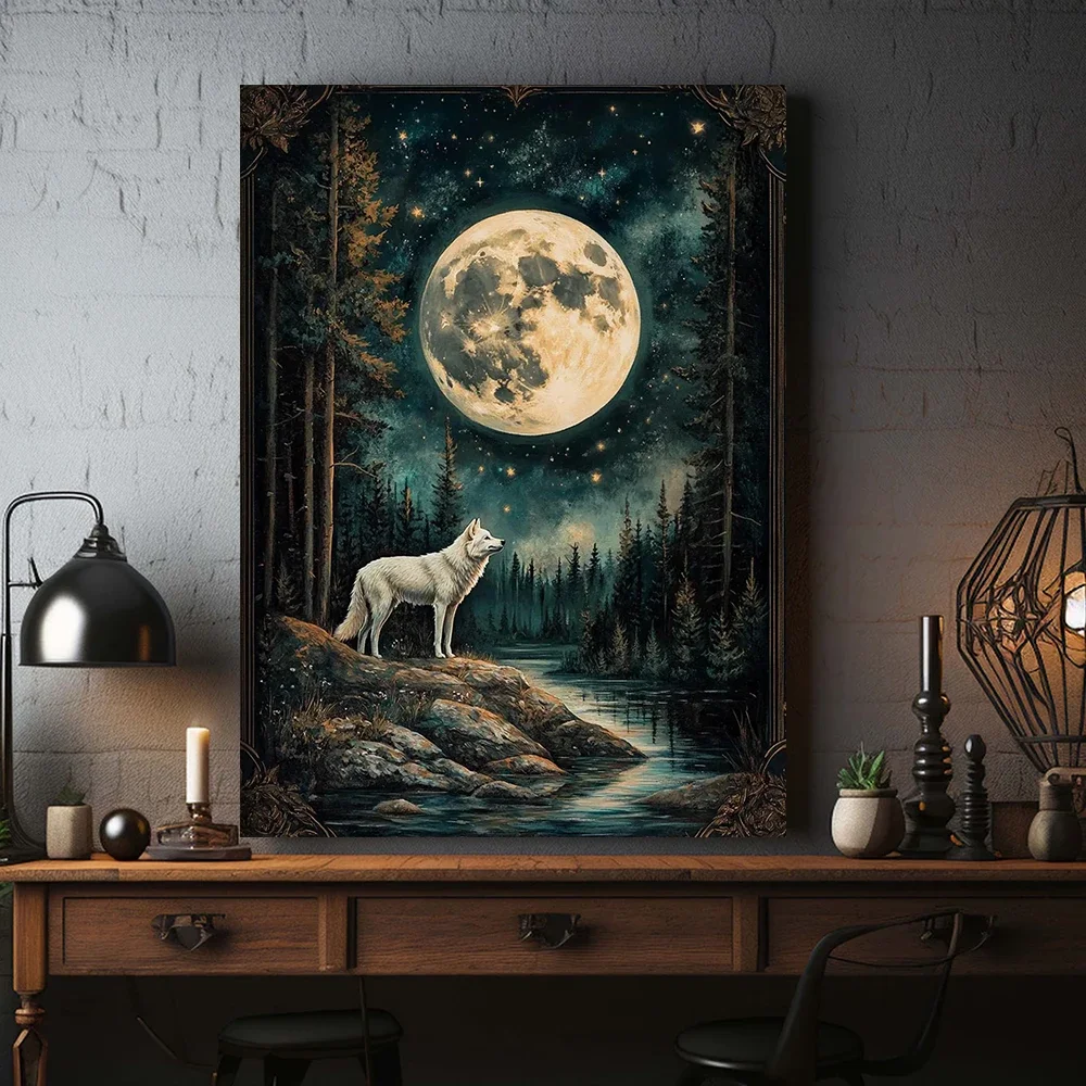 Multiple sizes 1pc frameless Canvas Painting,White Wolf The Full Moon in The Dark Forest Poster and Prints Canvas Painting Wall