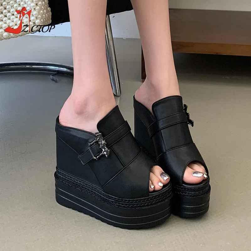 Super High Heel Wedges Slippers for Women Black Punk Platform Chunky Heeled Sandals Summer Female Mules Shoes