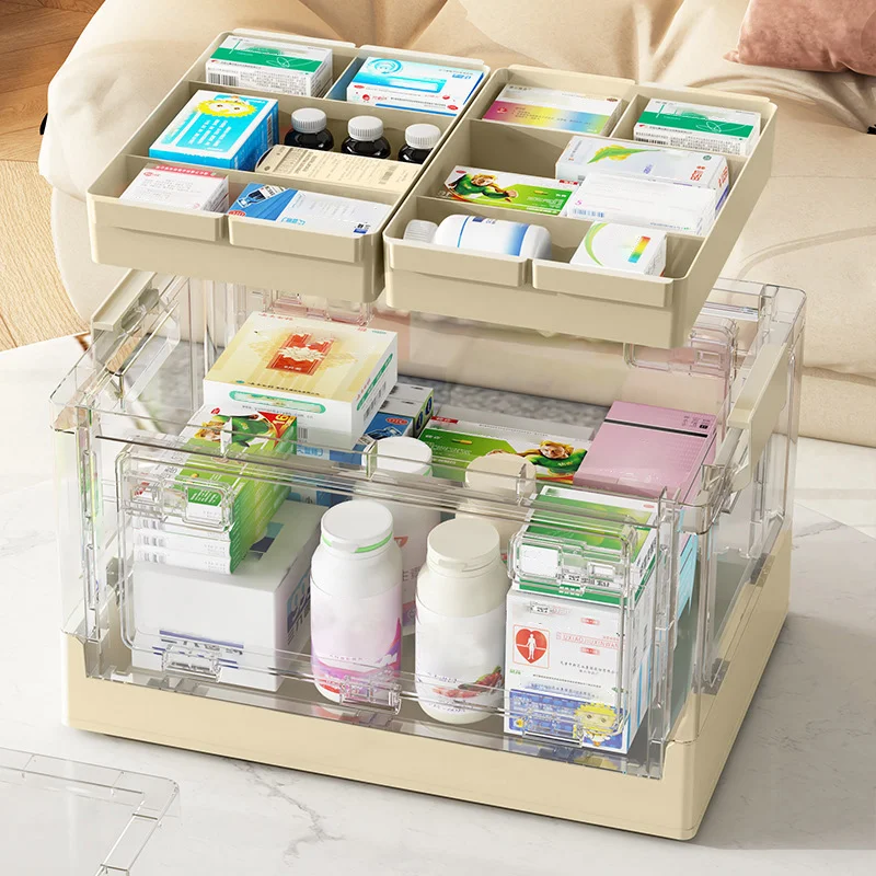 3 Sides Opened Multi layer Large Capacity Medicine Box Household Transparent Stackable Dustproof Handheld Storage Box Desktop St