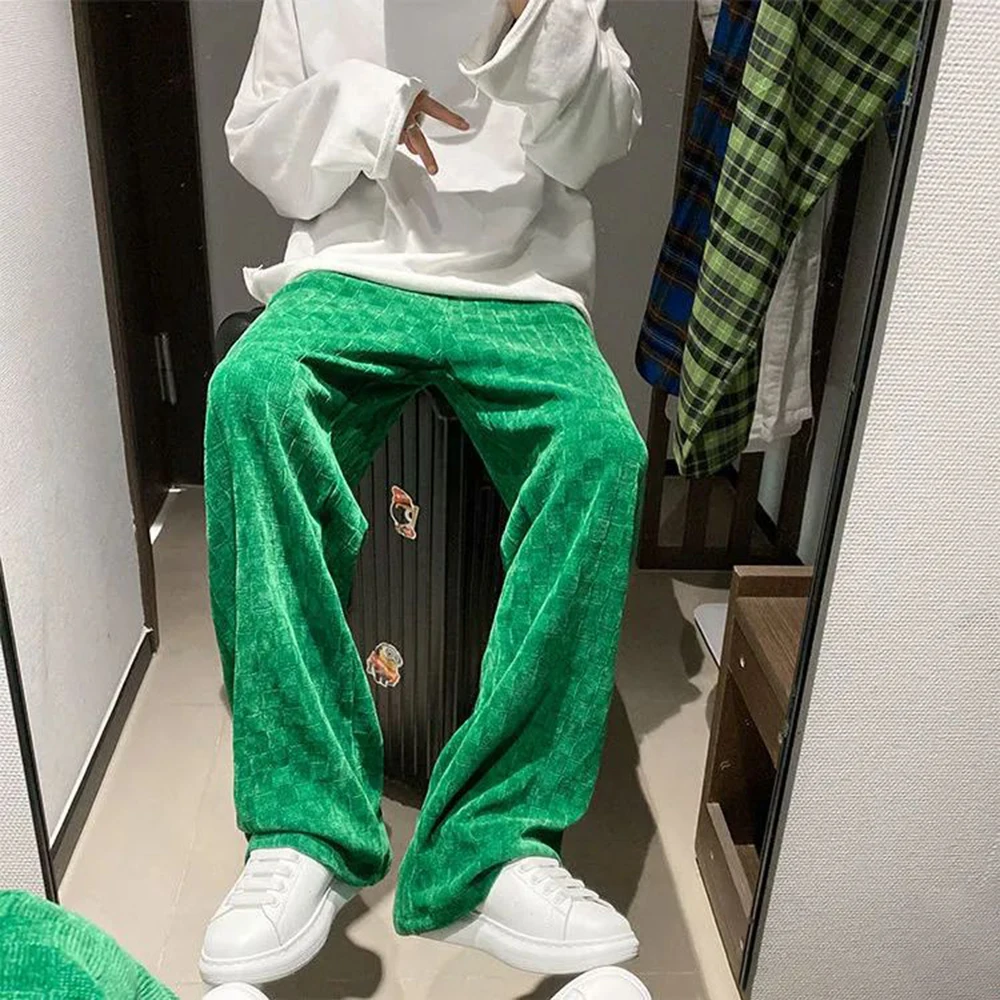 Mens Casual Street Straight Pants 2024 New Fashion Checkerboard Home Simple Comfortable Corduroy Floor-Length Trousers Unisex