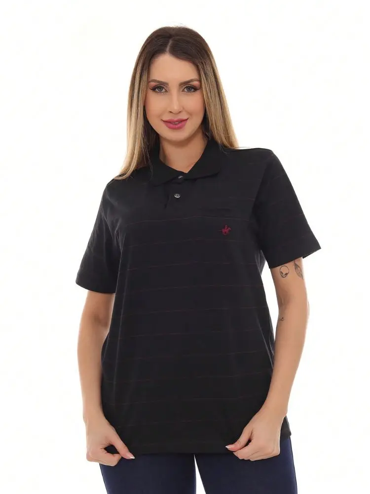 Women's Oversized Striped Black Polo Shirt with Pocket