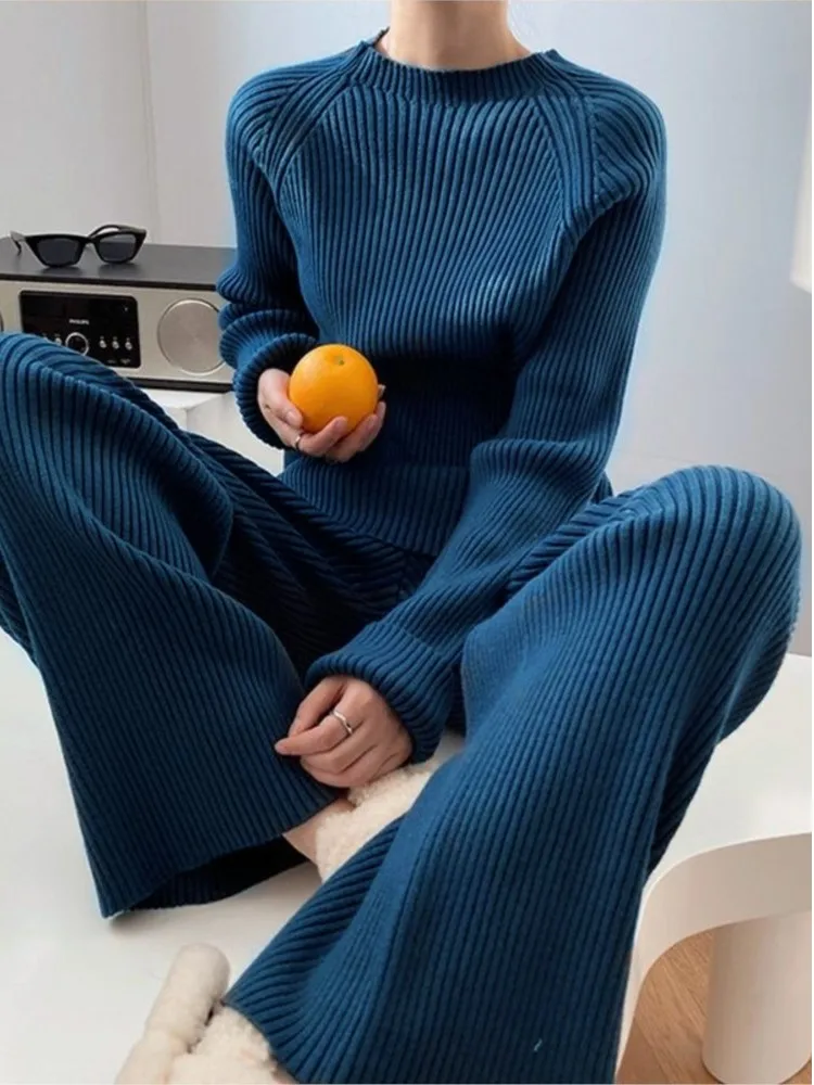 Autumn Two Piece Set Pullover Sweater Knit Tracksuit Women High Waist Wide Leg Straight Pants Suit Harajuku Female Clothes New