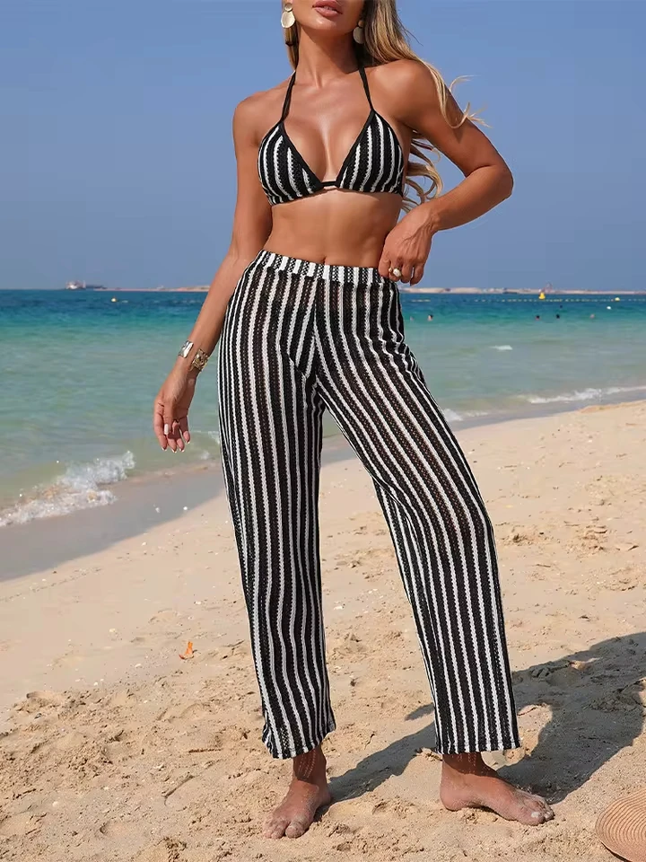 

Vzvn Sexy Stripe Laced Up Backless Bikini Women Split Swimsuit Beach Bikini 2026 New All Season Bikinis Trousers 3 Piece Set
