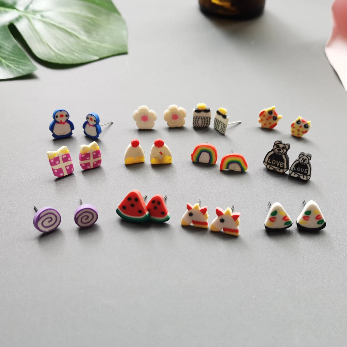 12Pair/lot Multi-style Colorful Fruit Flower Geometric Stud Earrings Set For Girls Alloy Earrings Jewelry Gifts Cheap Stuff