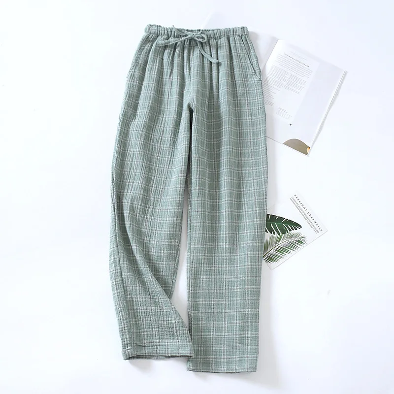 Women Solid Fabric Cotton Gauze Sleep Bottoms Elastic Waist Plaid Pant with Pocket Casual Home Clothing Loose Outwear Nightwear