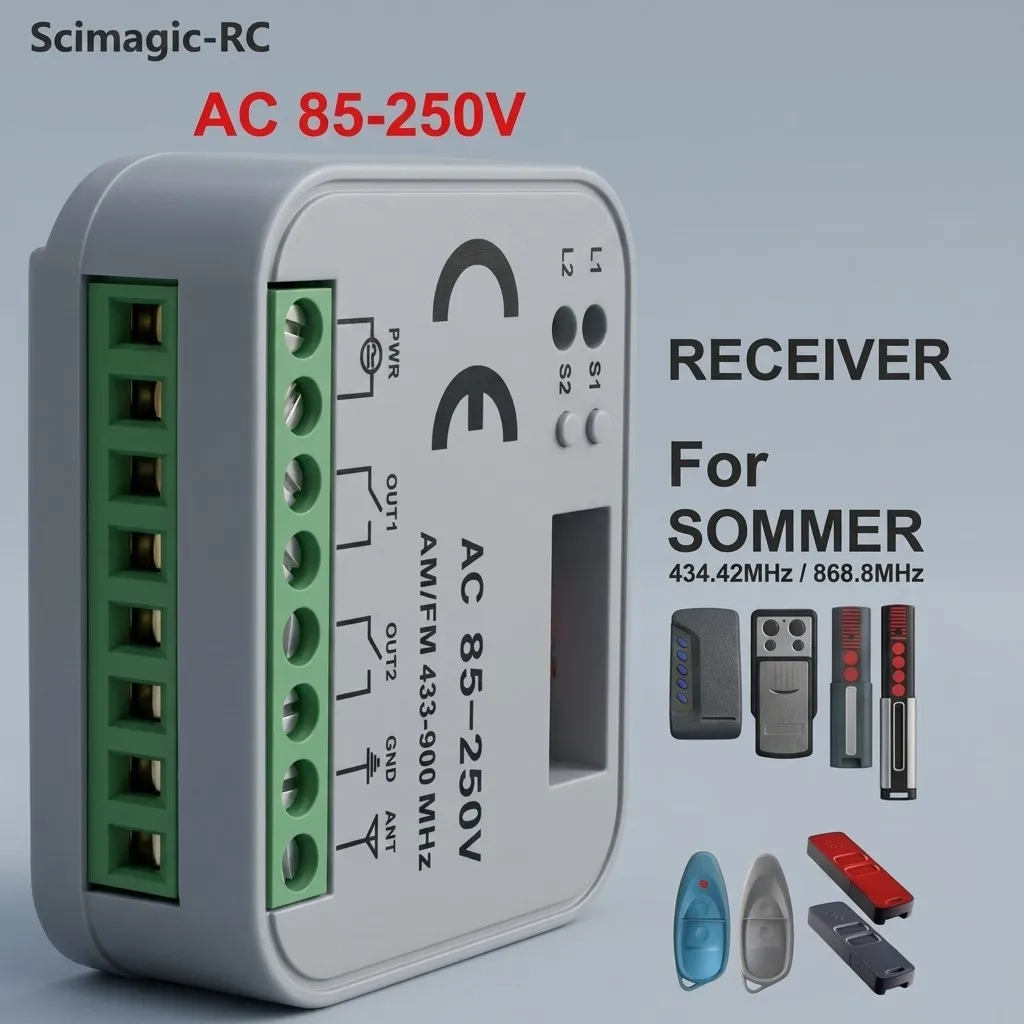 SOMMER 434.42MHz 868.35MHz 2CH Receiver 9-250V 300-900MHz 2 Channel Momentary Relay Module for Garage Gate Opener Controller