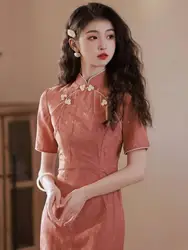 2024 Women Red Cheongsam Summer Short Sleeve Vintage Dress Slim Daily Wear Elegant Chinese Traditional Short Qipao Xxl