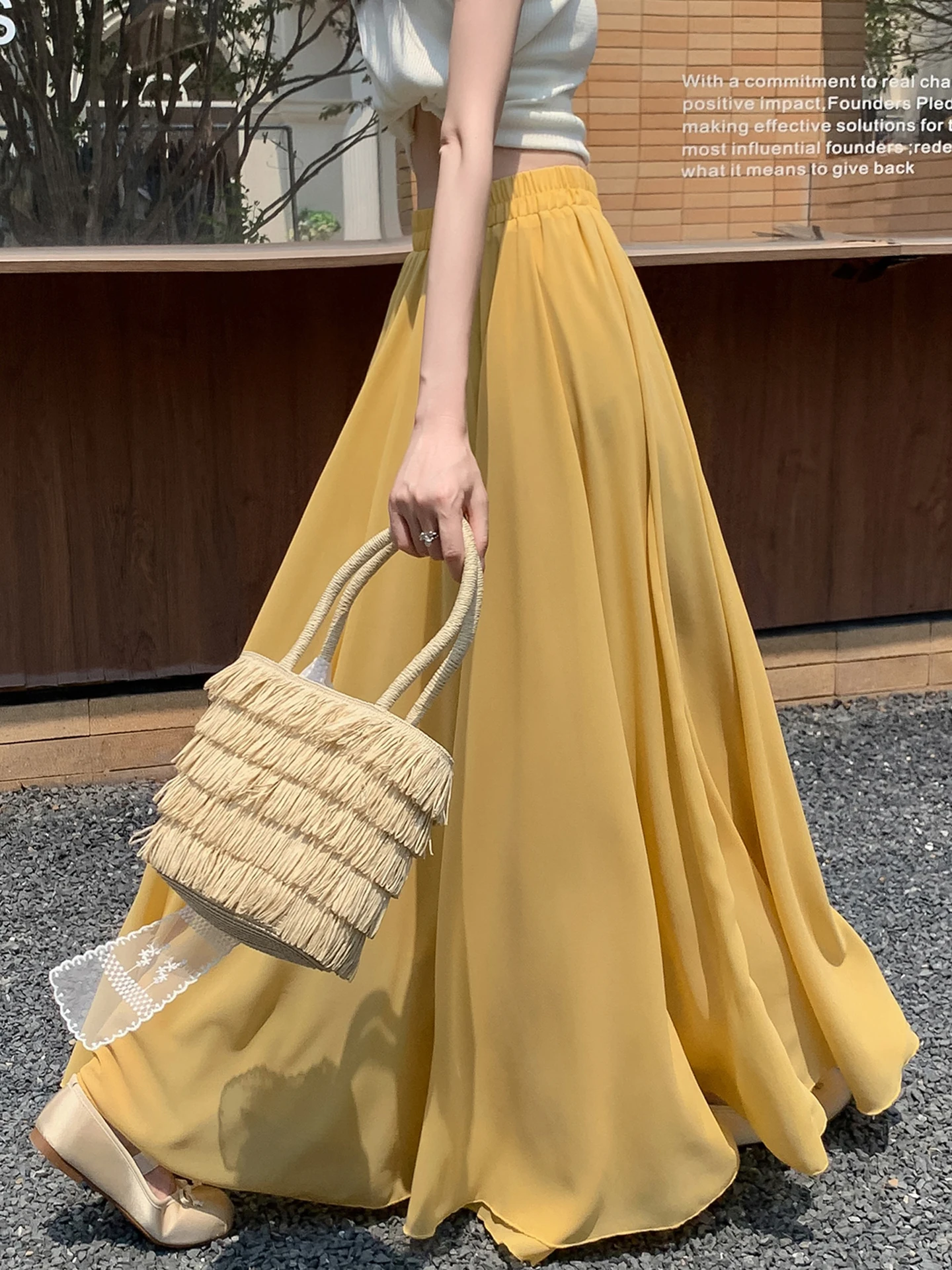 

Желтая шифоновая плиссированная юбка, женская летняя новинка 2025, высокая талия, утягивающая драпированная юбка-зонтик трапециевидной формы, длинная юбка Dr